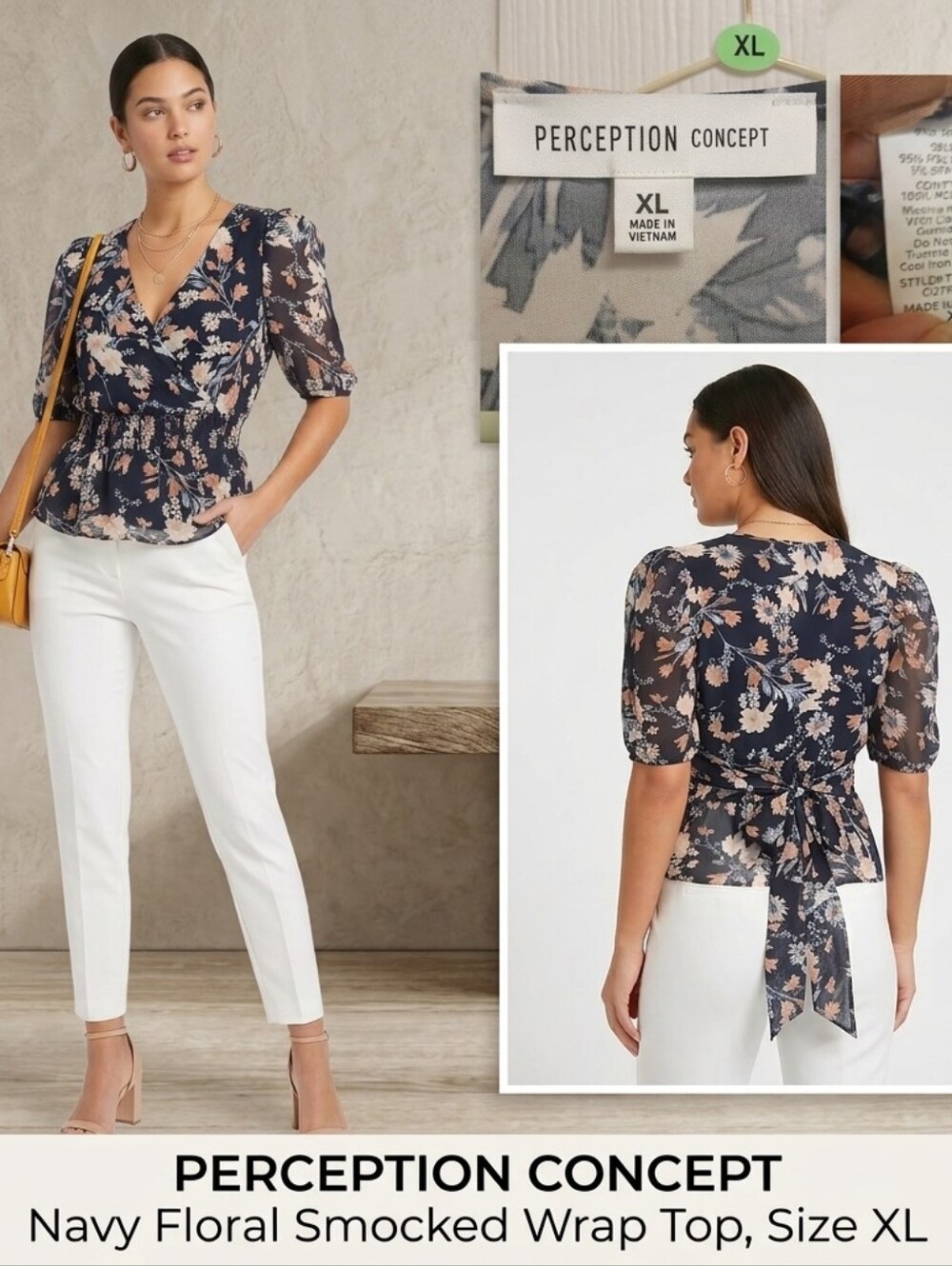 PERCEPTION CONCEPT Navy Floral Faux Wrap Blouse XL